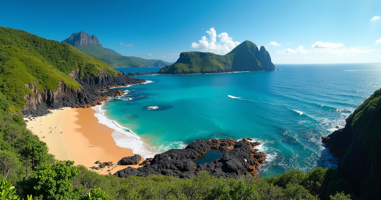 Vista aérea da Baía dos Porcos em Fernando de Noronha com o Morro Dois Irmãos ao fundo 