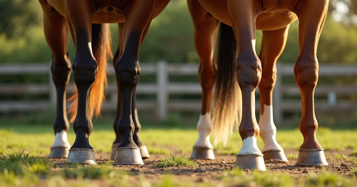 Cavalo com ferraduras em um casco e outro com casco natural em chão de haras 