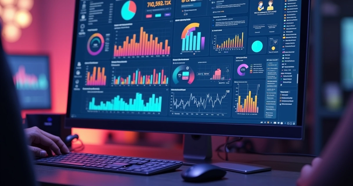 Tela de plataforma de análise de dados colorida em monitor moderno 
