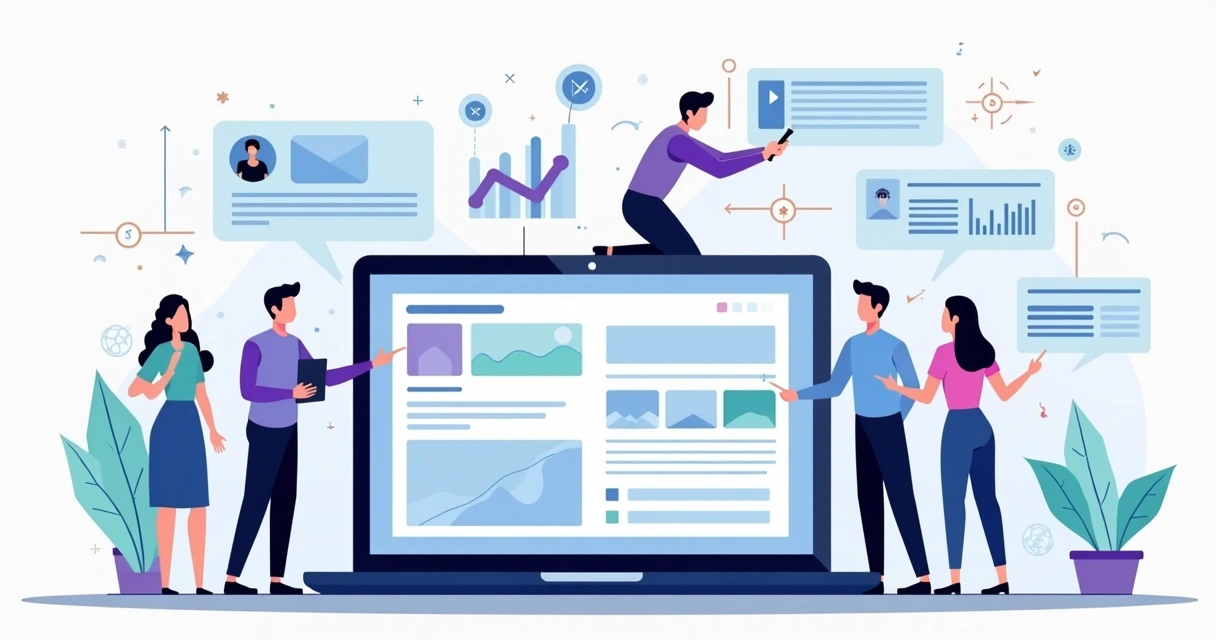 Ilustração de profissional escolhendo ferramenta para criar landing page em painel com gráficos e templates 