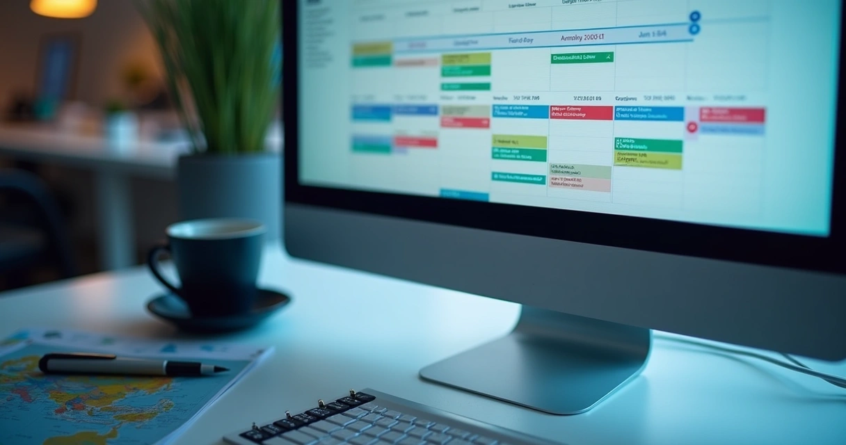 Tela de computador mostrando calendário digital e gráficos de resultados 
