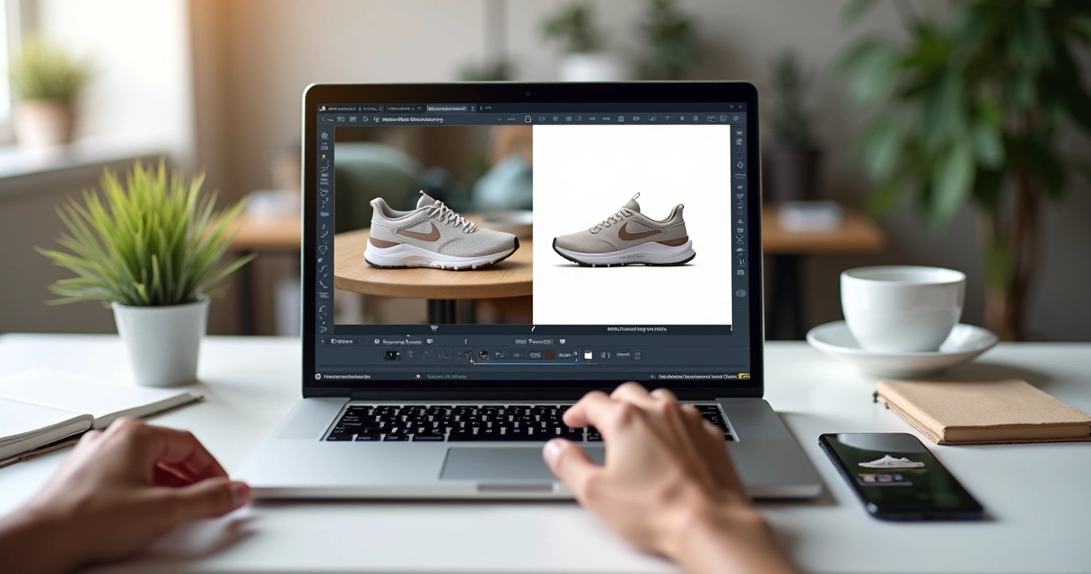 Vendedor usa ferramenta de edição de fotos com IA para melhorar imagem de produto no notebook 