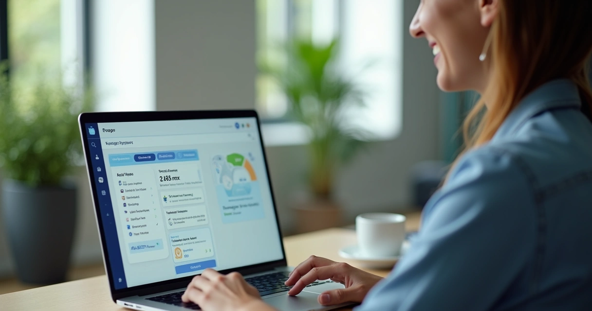 Usuário testando ferramenta freemium em notebook, sorrindo para tela 