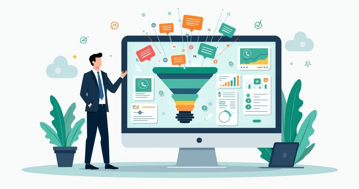 Ilustração de painel com funil de vendas e leads conectados ao WhatsApp 