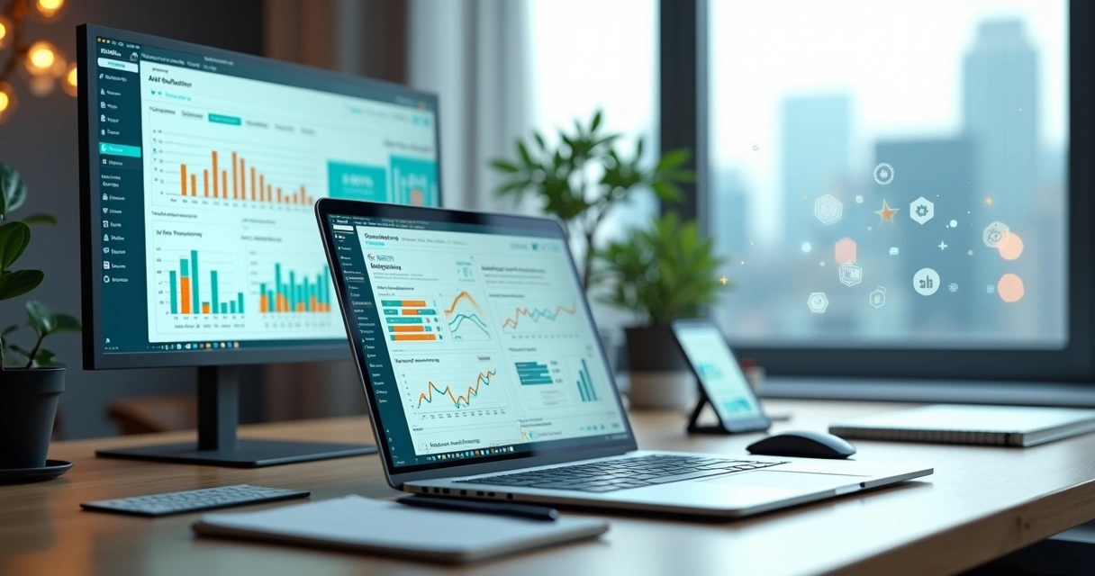 Mesa com notebook e ferramentas digitais de marketing abertas na tela 