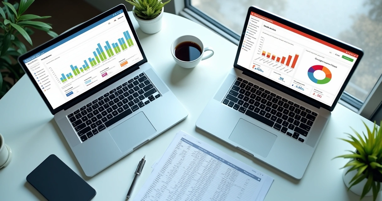 Laptops mostrando painéis de métricas, com planilhas coloridas e gráficos para campanhas de clínica odontológica