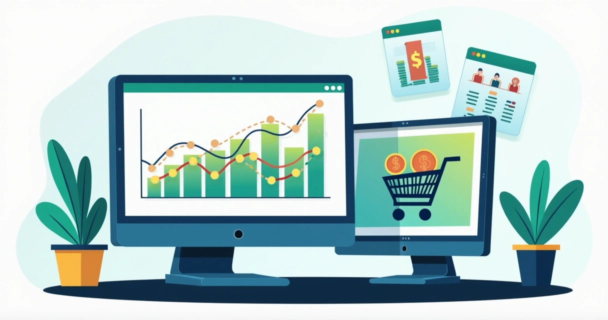 Ilustração com computadores e gráficos de dados para análise de cohortes em e-commerce. 