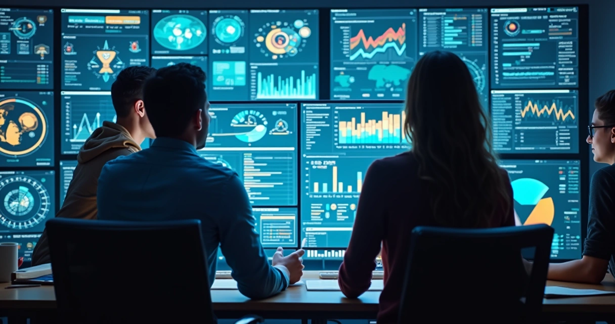 Painel interativo com gráficos sobre perfil de cliente SaaS, usado por time reunido 