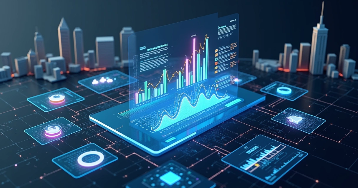 Painel 3D com cinco ferramentas digitais de análise de inovação conectadas em um ambiente corporativo futurista 