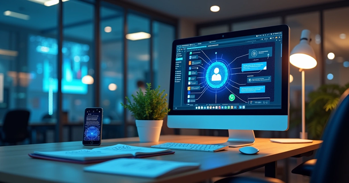 Computador com tela exibindo chatbot e sistema de atendimento digital integrado a múltiplos canais