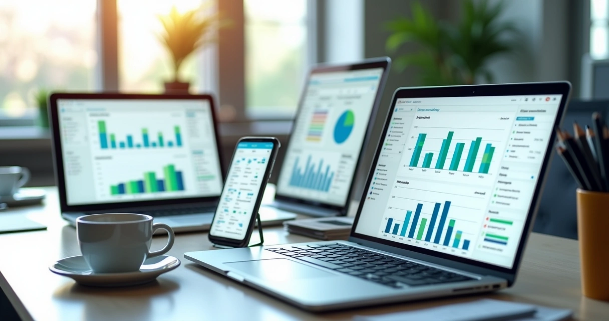 Telas de ferramentas de automação para CRM exibidas em notebooks e celulares 