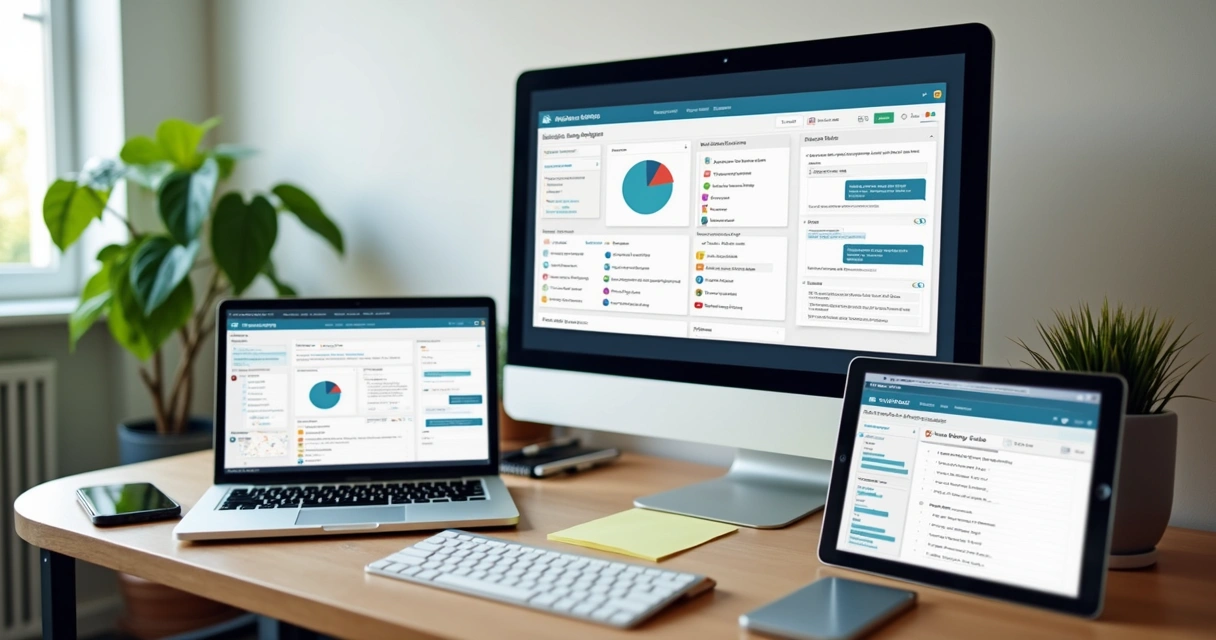 Ferramentas digitais de automação de vendas exibidas em diferentes dispositivos 