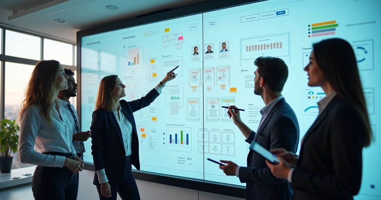 Ferramentas visuais colaborativas em tela digital, equipe interagindo em ambiente de trabalho