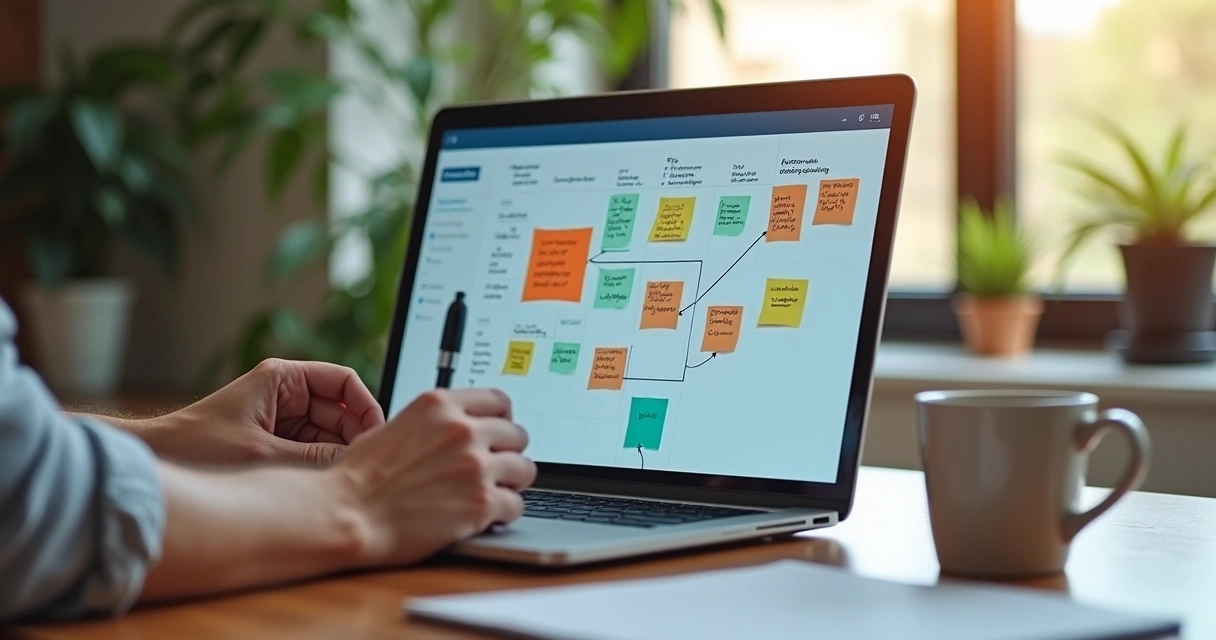 Quadro digital de jornada do cliente aberto em notebook, com post-its digitais 
