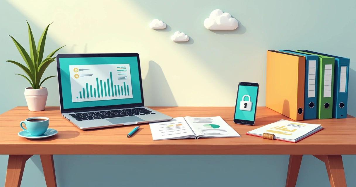 Diferentes ferramentas digitais para contabilidade organizadas em mesa 
