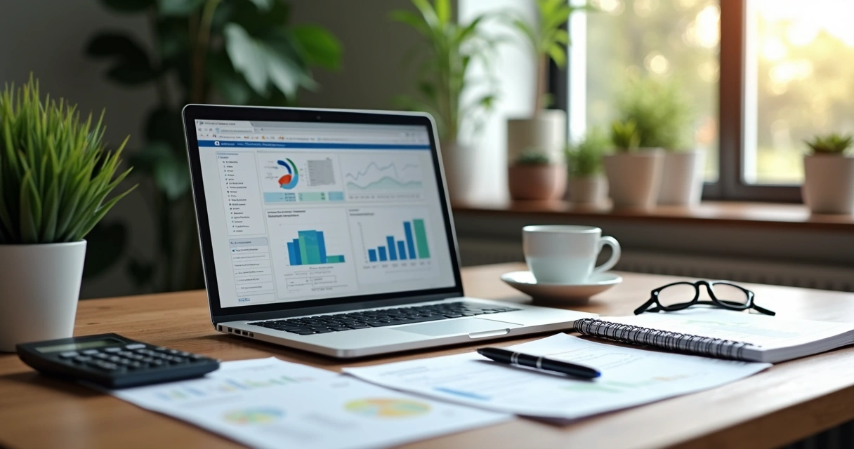 Mesa com laptop exibindo software financeiro, caderno aberto, calculadora e gráficos impressos sobre controle financeiro empresarial 