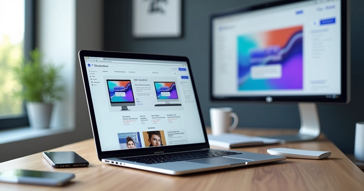 Tela de computador com diversas ferramentas para criar sites em interface moderna 