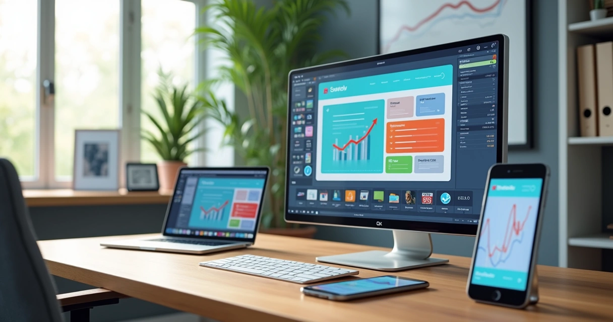 Tela de computador exibindo construtor de sites com blocos drag and drop e código ao fundo 