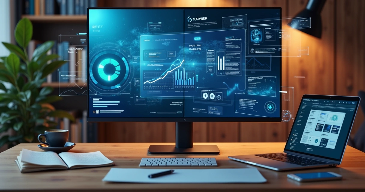 Tela de computador exibindo diferentes plataformas de criação de blog com elementos de SEO e marketing digital 