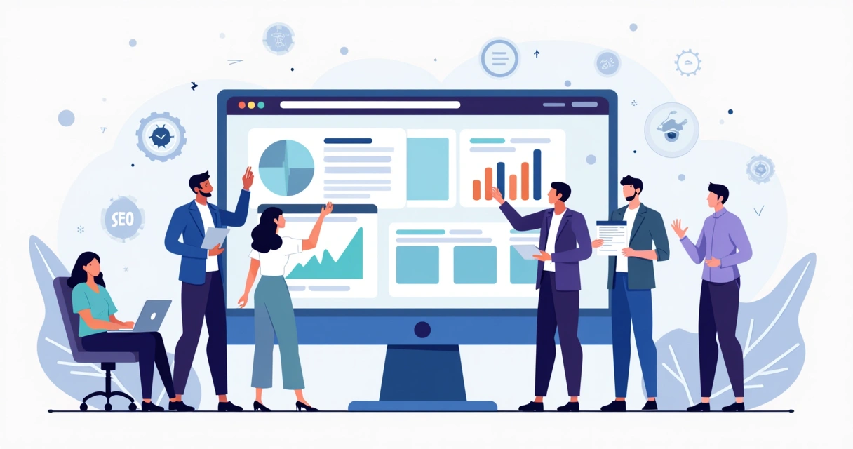 Ilustração de profissionais criando site em computador com editor arrasta e solta 