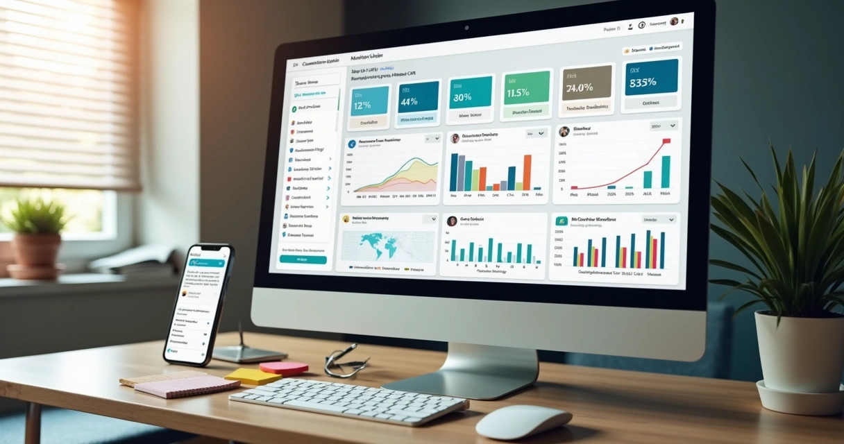 Tela de computador com painel de CRM e automação de marketing aberto