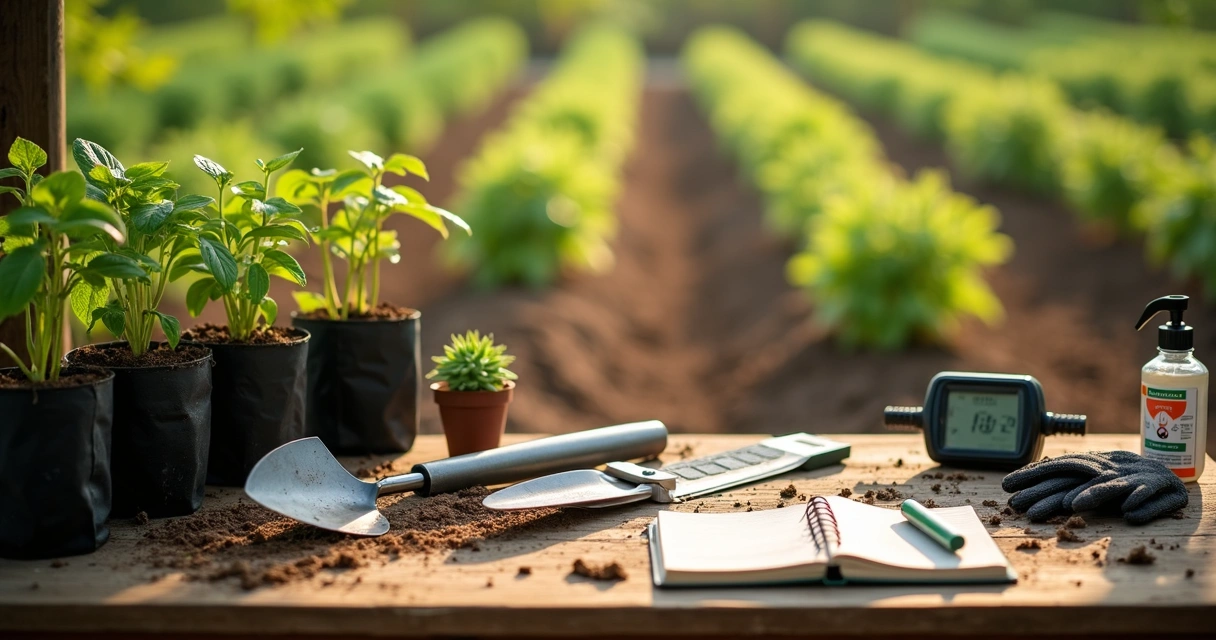 Bancada de cultivo com mudas de moringa e ferramentas agrícolas organizadas 