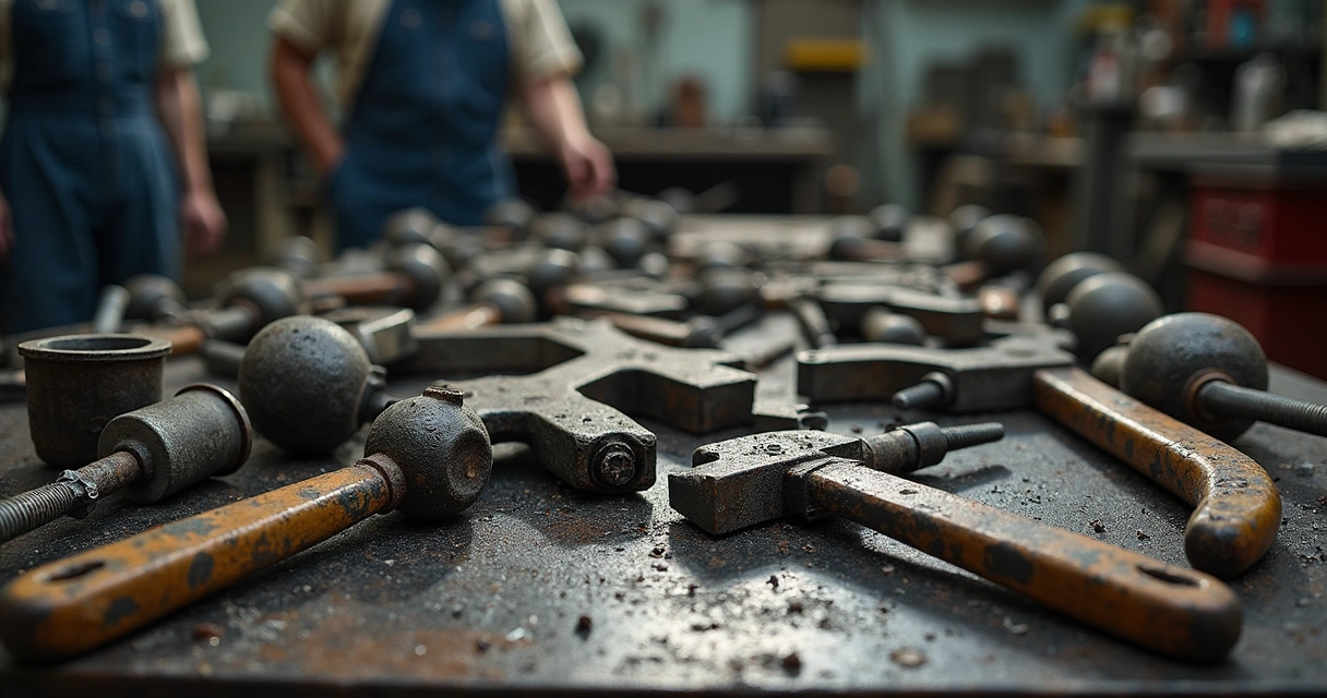 Ferramentas industriais danificadas em bancada de oficina 