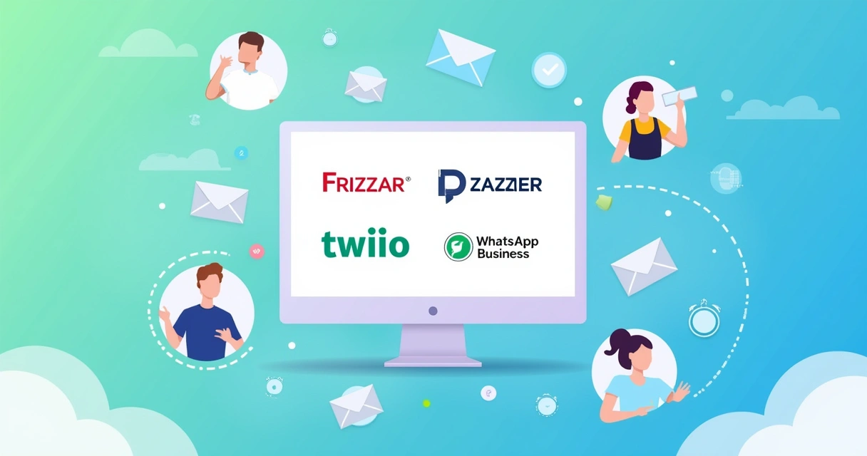 Várias ferramentas para automação de mensagens com logotipos de Frizzar, Twilio, Zapier e WhatsApp Business.