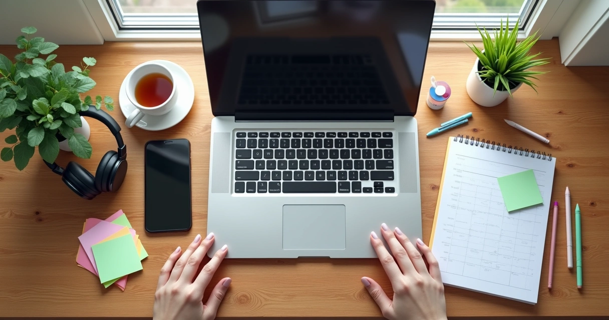 Ferramentas digitais e computador em mesa de trabalho organizada 