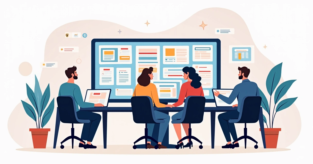 Equipe de webdesigners colaborando online em protótipos e designs, com várias telas mostrando layouts diferentes em computadores modernos 