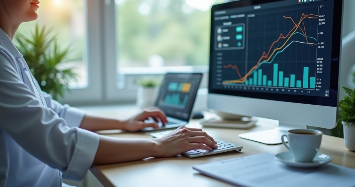 Profissional de clínica odontológica controlando fluxo financeiro digital no computador