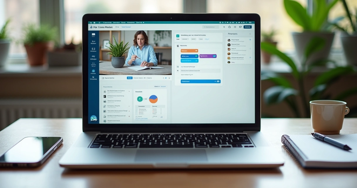 Tela de notebook aberta com várias ferramentas digitais para curso online 