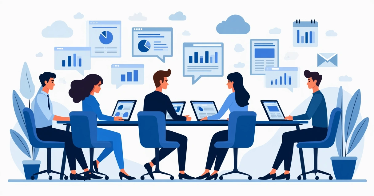 Equipe reunida usando computador, tablet e smartphone, mostrando gráficos e sites em telas diferentes 