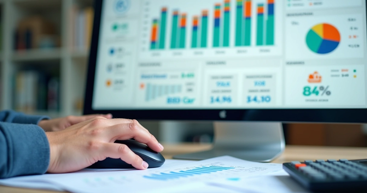 Tela de computador mostrando interface de sistema digital de contabilidade com gráficos e menus