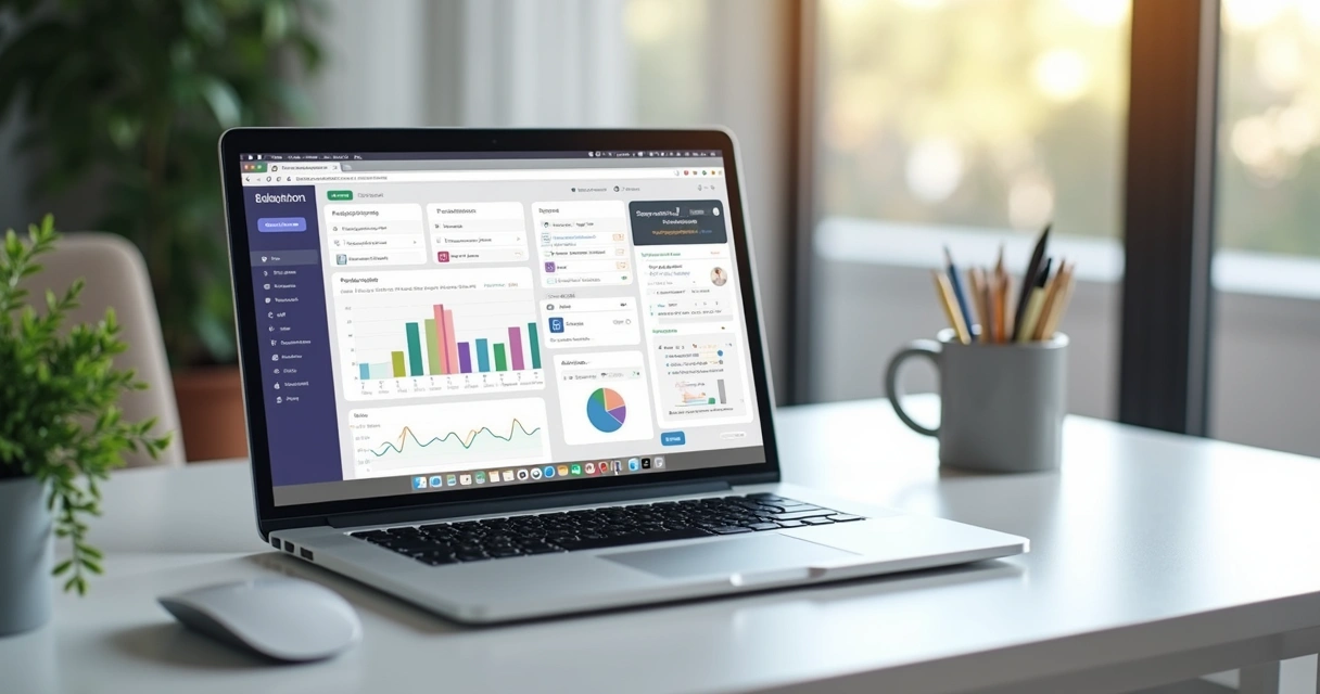 Notebook aberto com aplicativos de produtividade e organização 