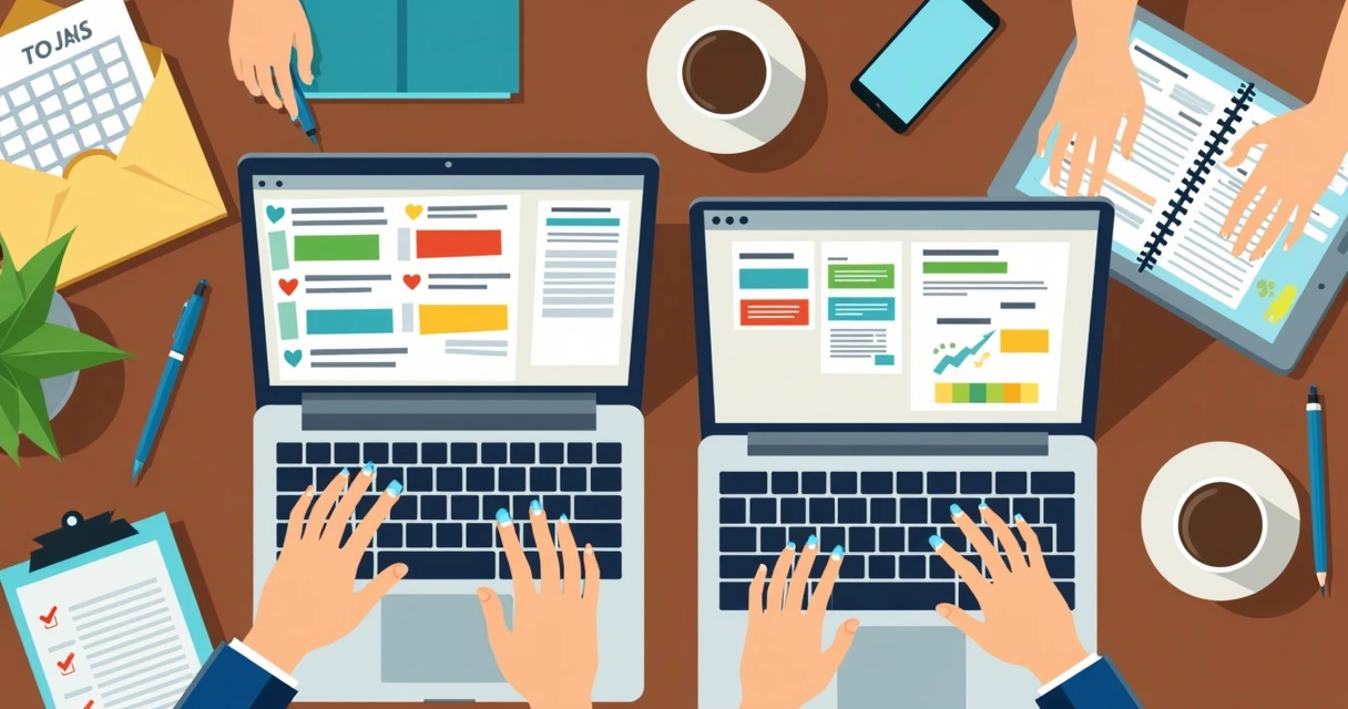 Mãos usando aplicativos de listas e quadro kanban em laptops e celulares 