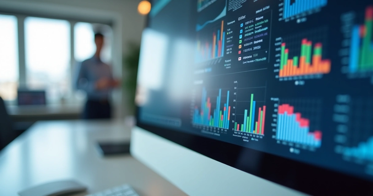 Tela de computador com gráficos coloridos e documentos digitais de perícia