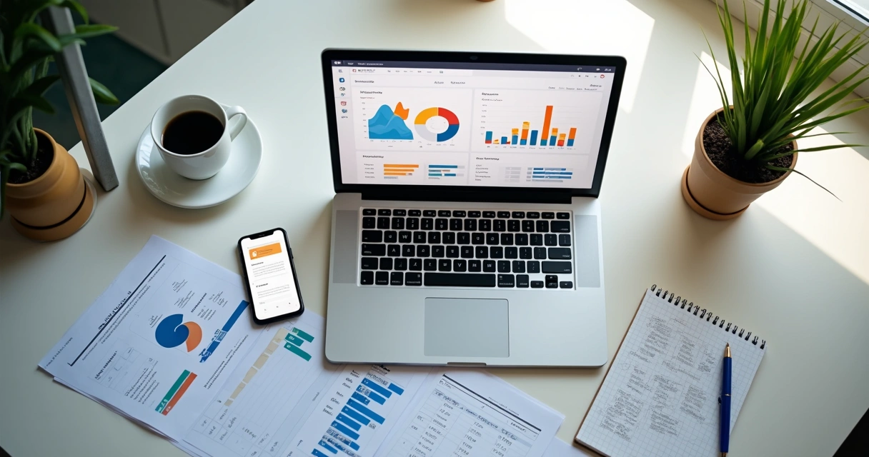 Tela com gráficos, formulário e redes sociais abertos 