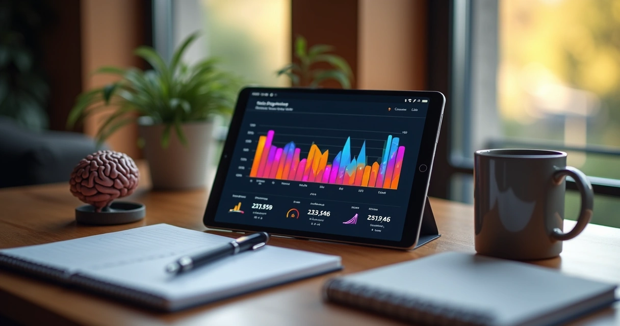 Tablet mostrando estatísticas das redes sociais ao lado de um bloco de anotações e caneca sobre a mesa