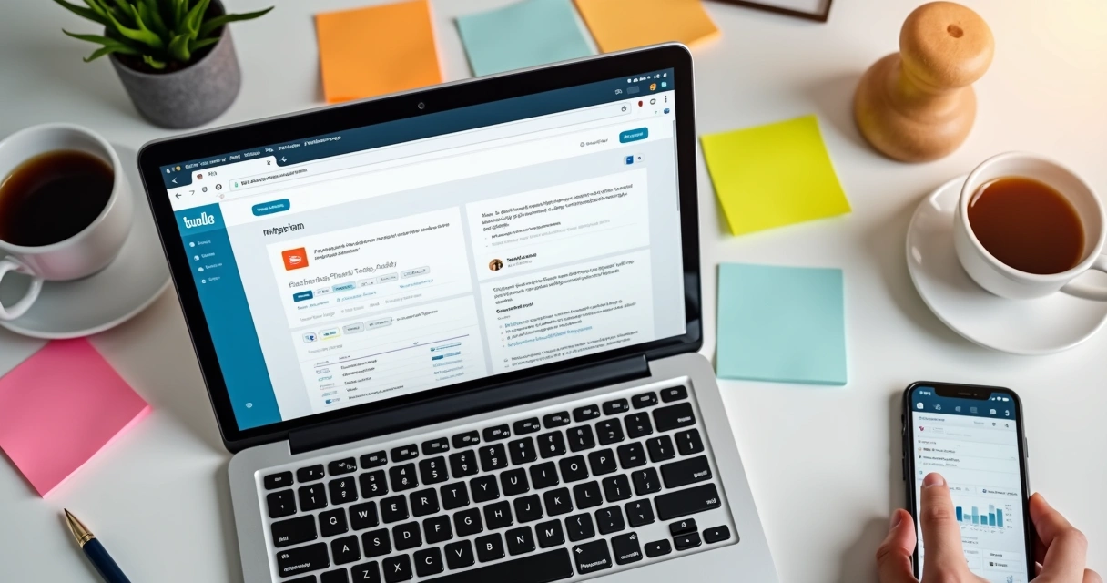 Ferramentas digitais abertas em notebook de social media com papéis e café ao lado 