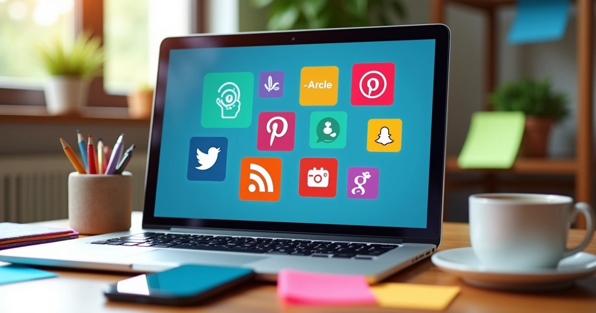 Interface de ferramentas digitais para redes sociais em tela com post-its ao redor 