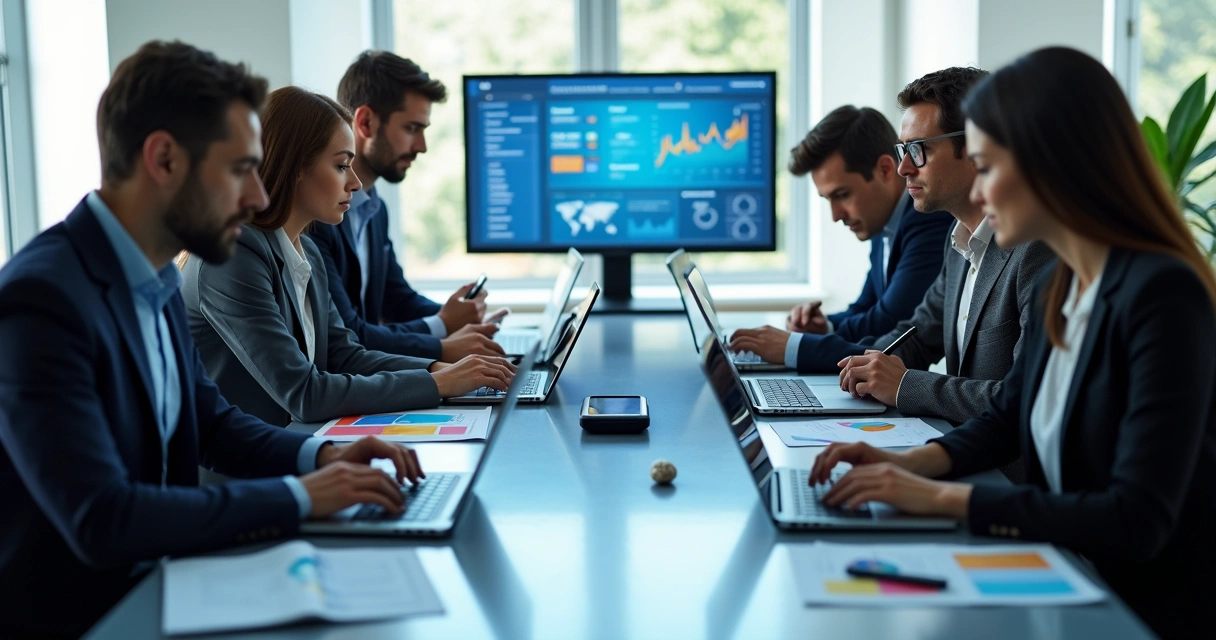 Equipe de vendas usa ferramentas digitais no escritório 