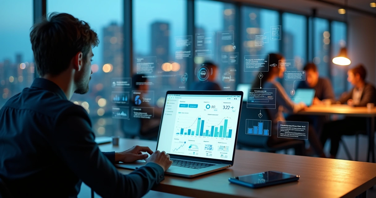 Empreendedor analisando painel digital com dados para validar ideias de negócio 