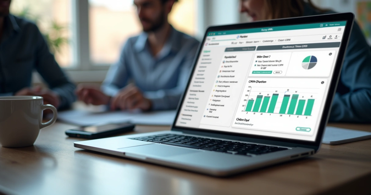Consultor usando CRM digital em notebook para registrar conversa de vendas 
