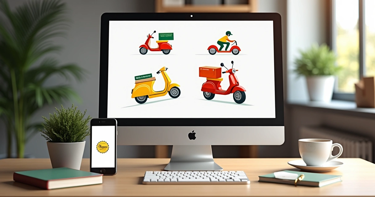 Computador e smartphone exibindo criação de logo digital para delivery, com elementos gráficos coloridos e ambiente de escritório moderno 