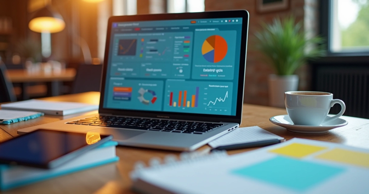 Mesa de trabalho com notebook e ferramentas digitais abertas 