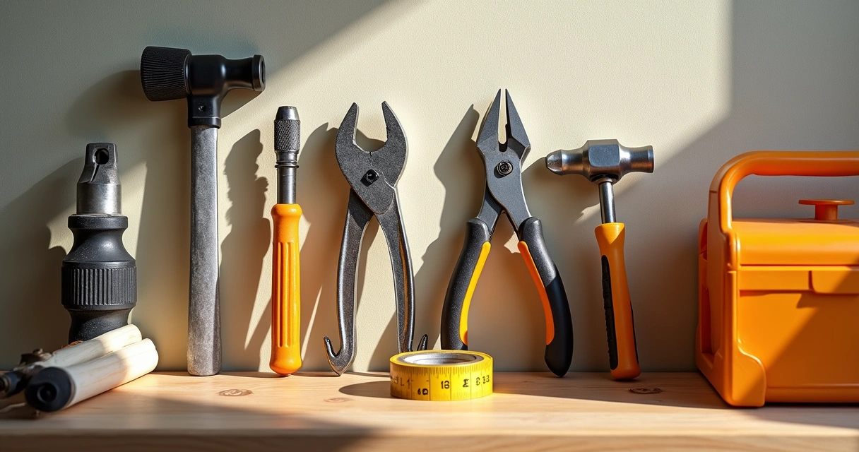 Ferramentas básicas organizadas em bancada de madeira 