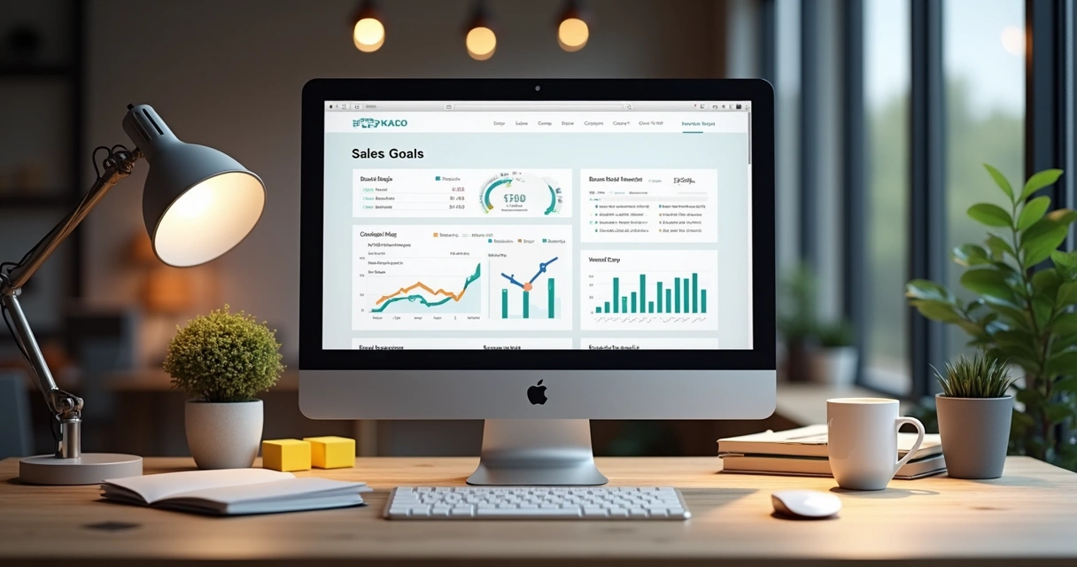 Computador com painel de metas visível sobre mesa de escritório 