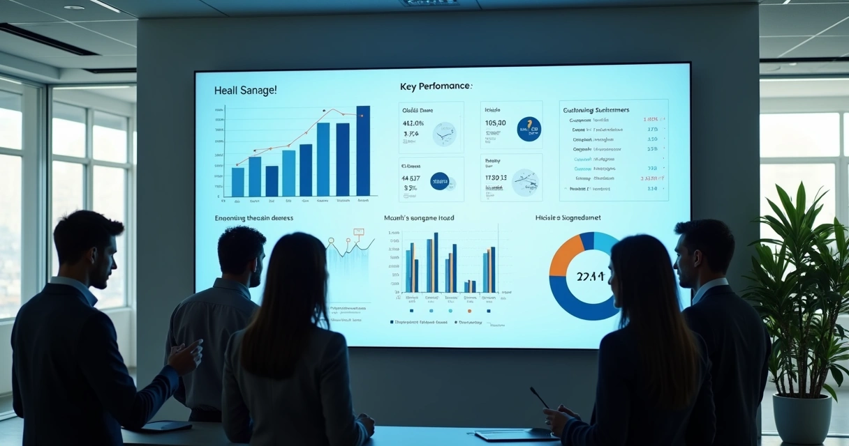 Painel digital mostrando indicadores de desempenho em tela grande em uma agência 