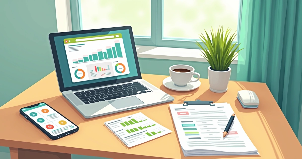 Escritório com ferramentas de gestão financeira: smartphone, laptop e planilha organizada.